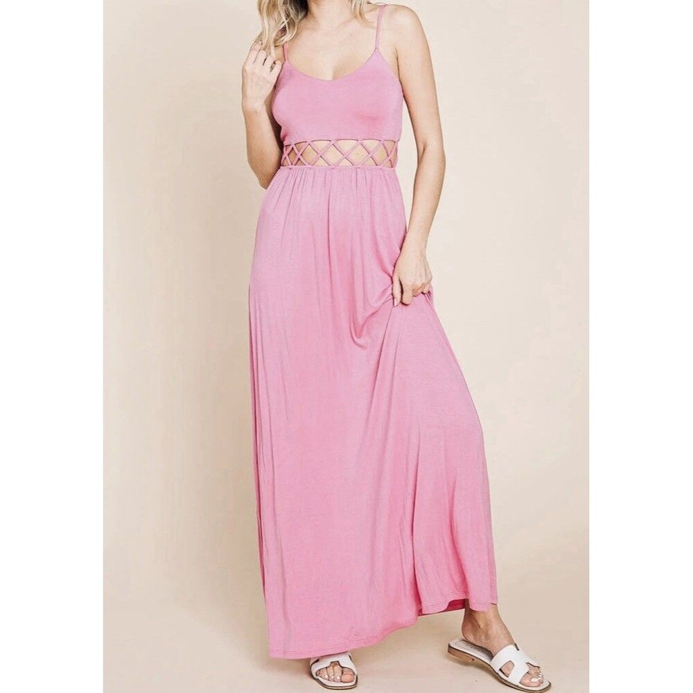 Pink Cut Out Waist Jersey Maxi Dress crisscross cutout waist Sizw M Ever Hottie